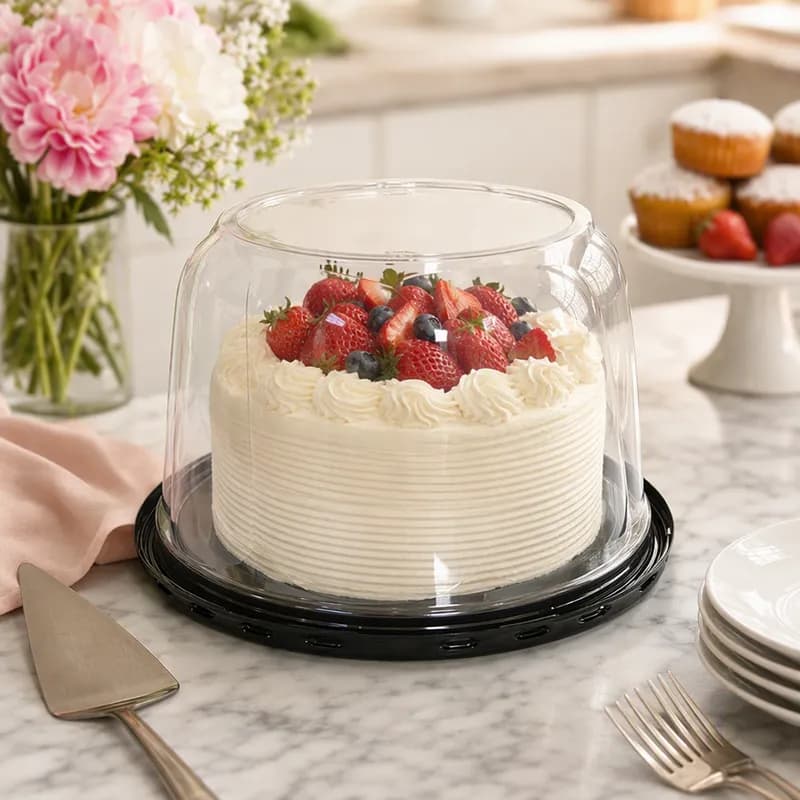 Cake Container & Lid Combo With Dome Lid 10.75X5 IN PET Clear Black Round Deep Swirl 50/Case