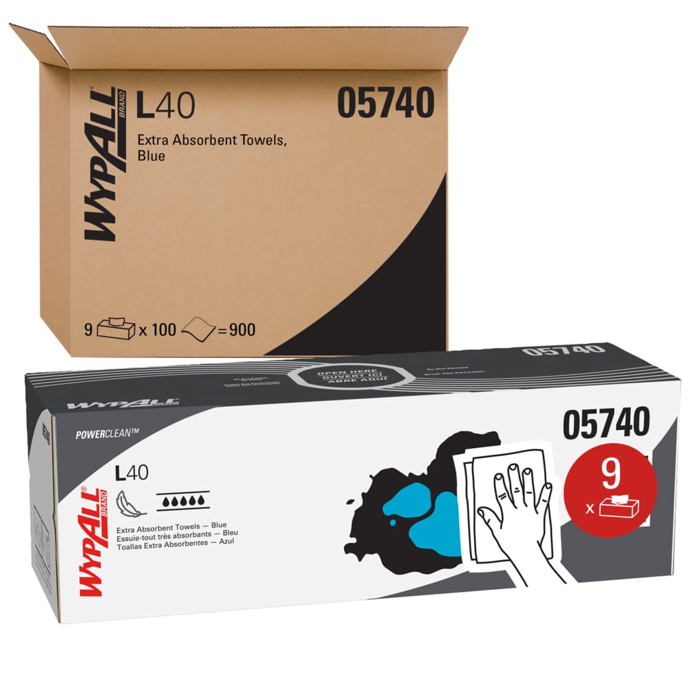 WypAll® L40 Cleaning Wipe 9.8X16.4 IN DRC Blue Pop-Up Box Extra Absorbent 100 Count/Box 9 Box/Case 900 Count/Case