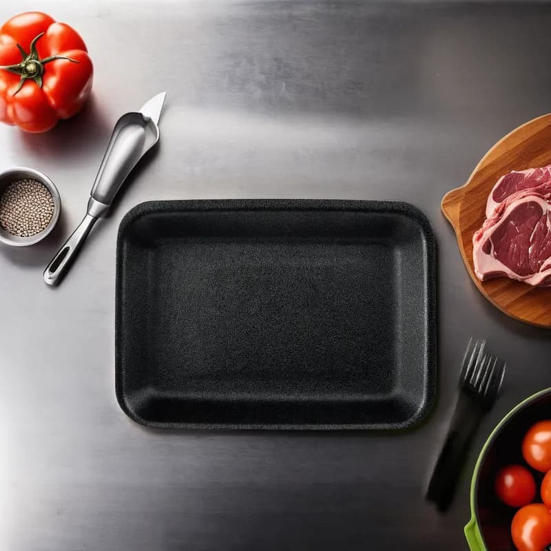 16HD Meat Tray 11X7.125 IN Polystyrene Foam Black Rectangle Heavy 400/Case
