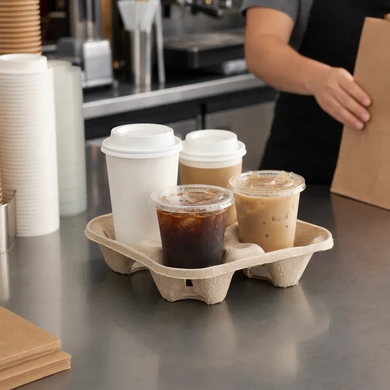 StrongHolder® Cup Carrier 8.5X8.5X2 IN 4 Compartment Molded Fiber Kraft For 8-32 OZ Without Handle Reusable 300/Case