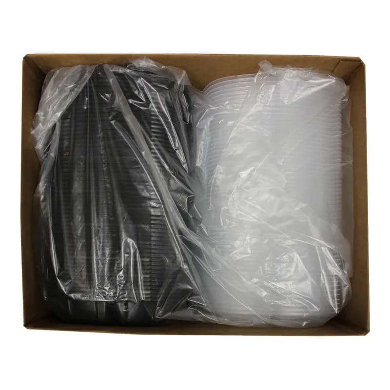 Take-Out Container Hinged With Dome Lid 9X9X1.86 IN 3 Compartment PP Black Clear Square 112/Case