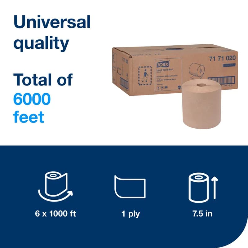 Tork Roll Paper Towel H71 7.5IN X1000FT 1PLY Kraft Hard Roll Embossed Universal Refill 6 Rolls/Case