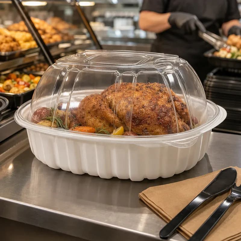 Roaster Container & Lid Combo With Dome Lid Large (LG) PP White Clear Unhinged Anti-Fog Leak Resistant 170/Case