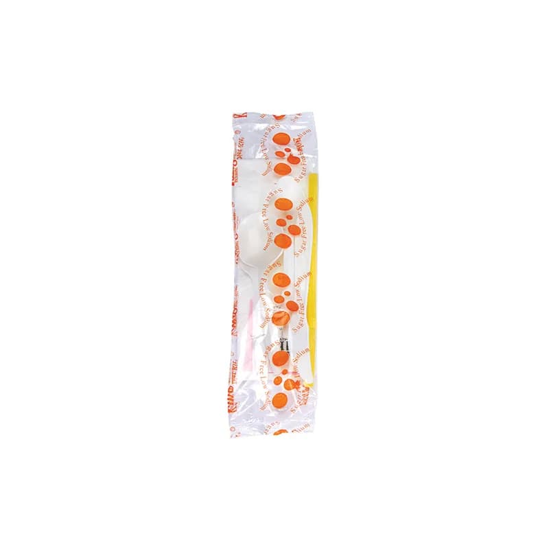 WNA 8PC Cutlery Kit Orange With Napkin,Flex Straw,Fork,Knife,Pepper,Soup Spoon,Sugar Substitute,Teaspoon 250/Case