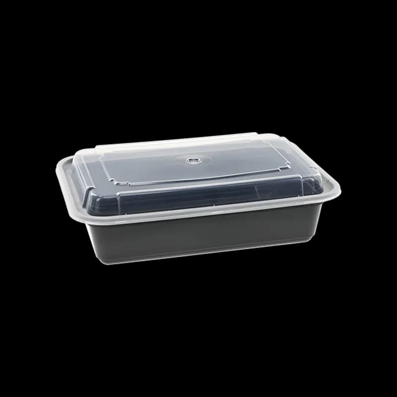 Take-Out Container Base & Lid Combo With Dome Lid 38 OZ PP Black Clear Rectangle 150/Case