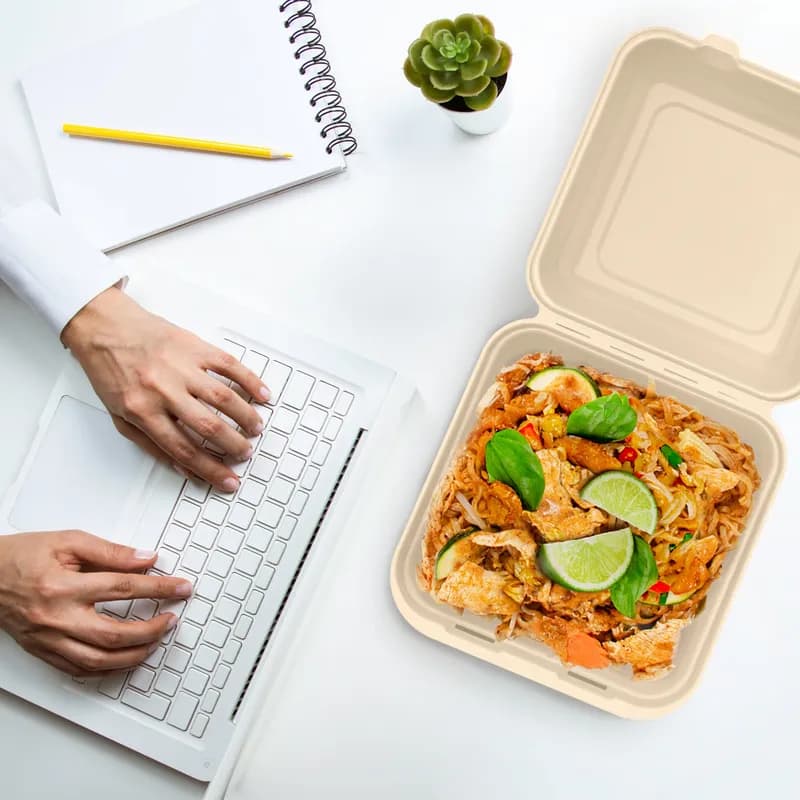 Dart® Take-Out Container Hinged 9X9.14X2.98 IN 3 Compartment Fiber Blend Natural 100 Count/Bag 2 Bags/Case 200 Count/Case