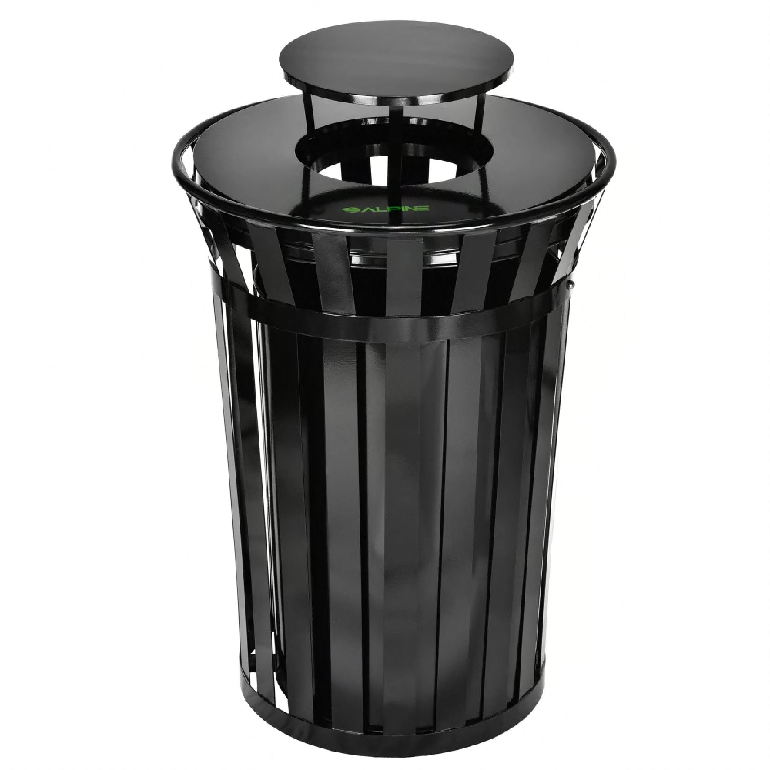 Trash Can 38 GAL Black Metal Outdoor Slatted With Rain Bonnet Lid 1/Each