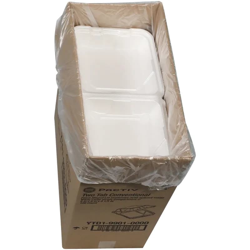 Take-Out Container Hinged With Dome Lid 9.1X9X3.3 IN Polystyrene Foam White Square Closing Tabs 150/Case