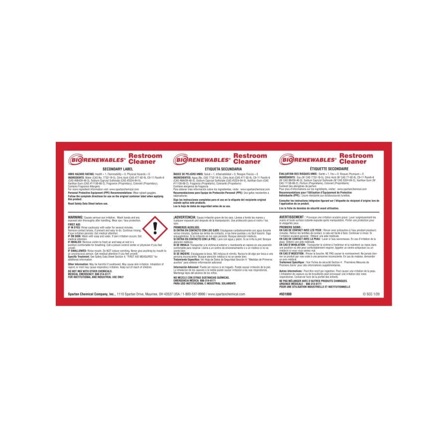 BioRenewables® Restroom Cleaner Product Label Paper 1/Each
