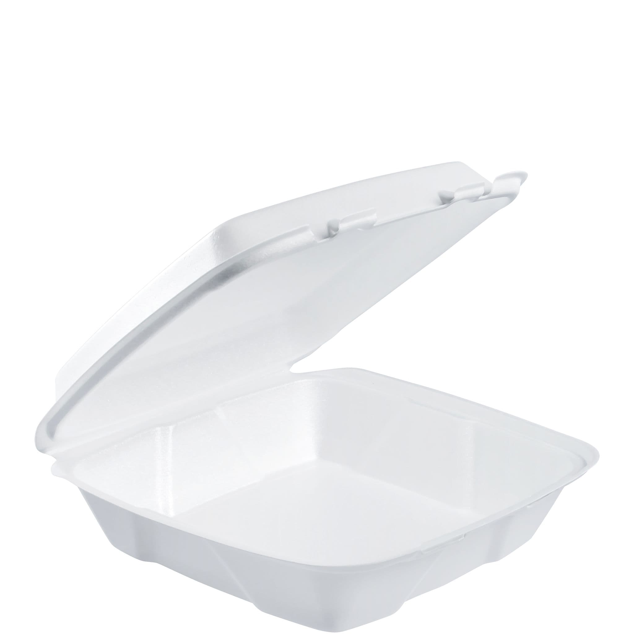 Dart® Take-Out Container Hinged Large (LG) 9.4X9.01X3.1 IN XPS White Insulated Convertible 100 Count/Pack 2 Packs/Case