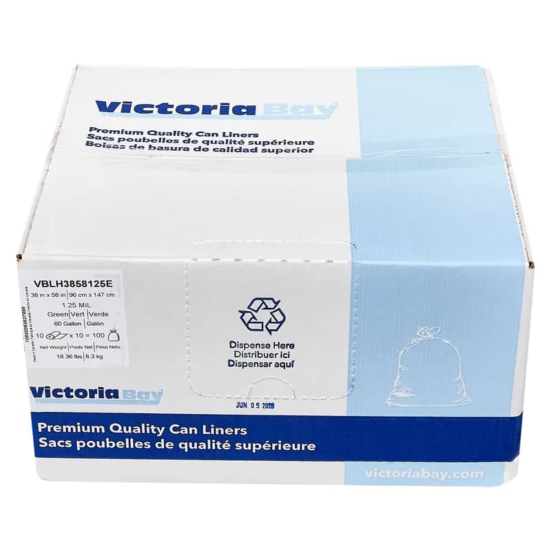 Victoria Bay Can Liner 38X58 IN 60 GAL Green 1.25MIL Opaque 10 Count/Roll 10 Rolls/Case
