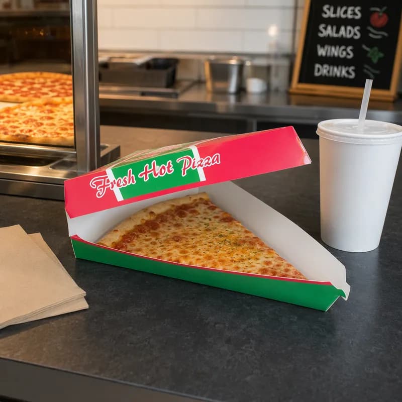Pizza Slice Container Hinged 16/8 9.37X7.48X1.75 IN Paperboard White Fresh Hot Pizza 400/Case