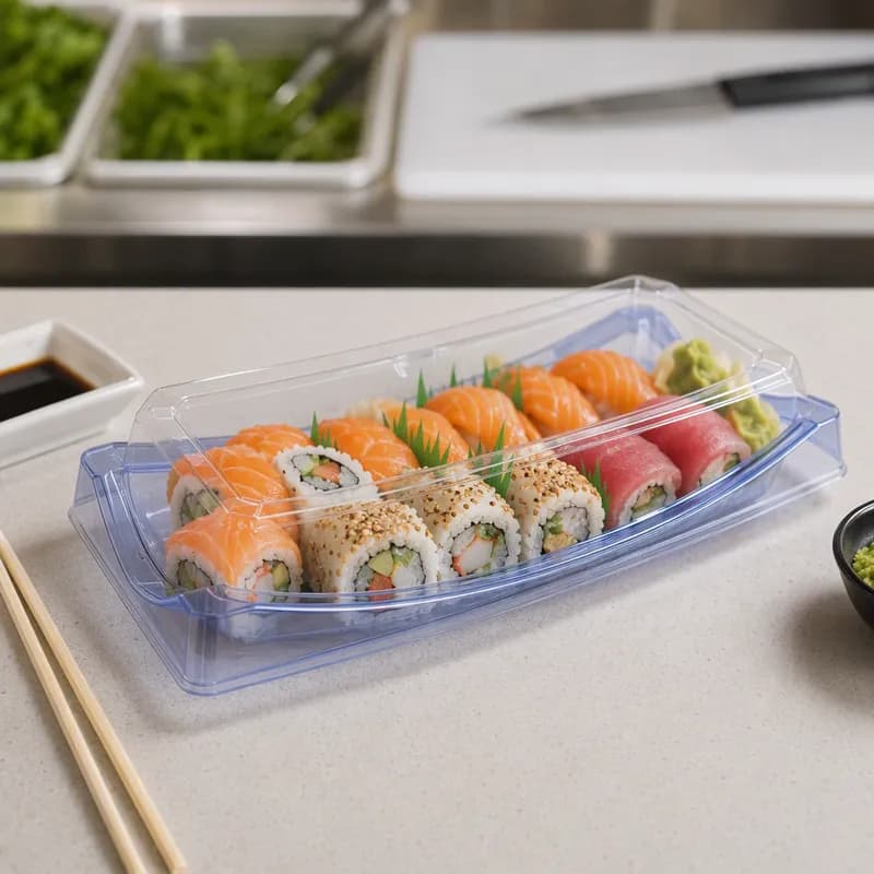 Sushi Take-Out Container 9.4X4.6X1.4 IN PET Light Blue Clear 300/Case