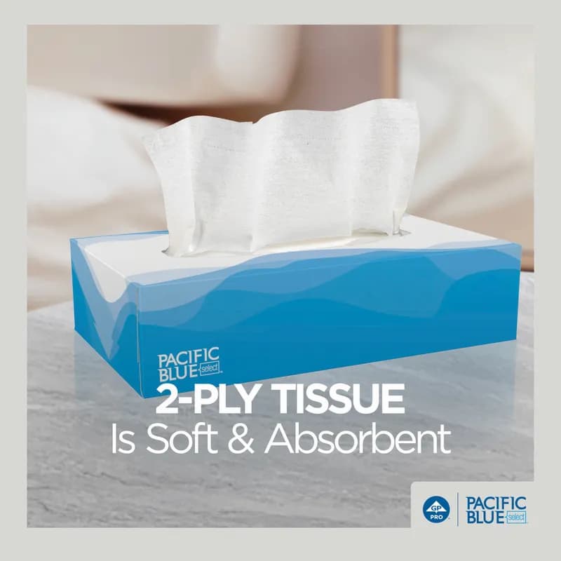 Pacific Blue Select Facial Tissue 8.4X7.5 IN 2PLY Tissue Paper White 1/2 Fold Flat Box 100 Sheets/Pack 30 Packs/Case