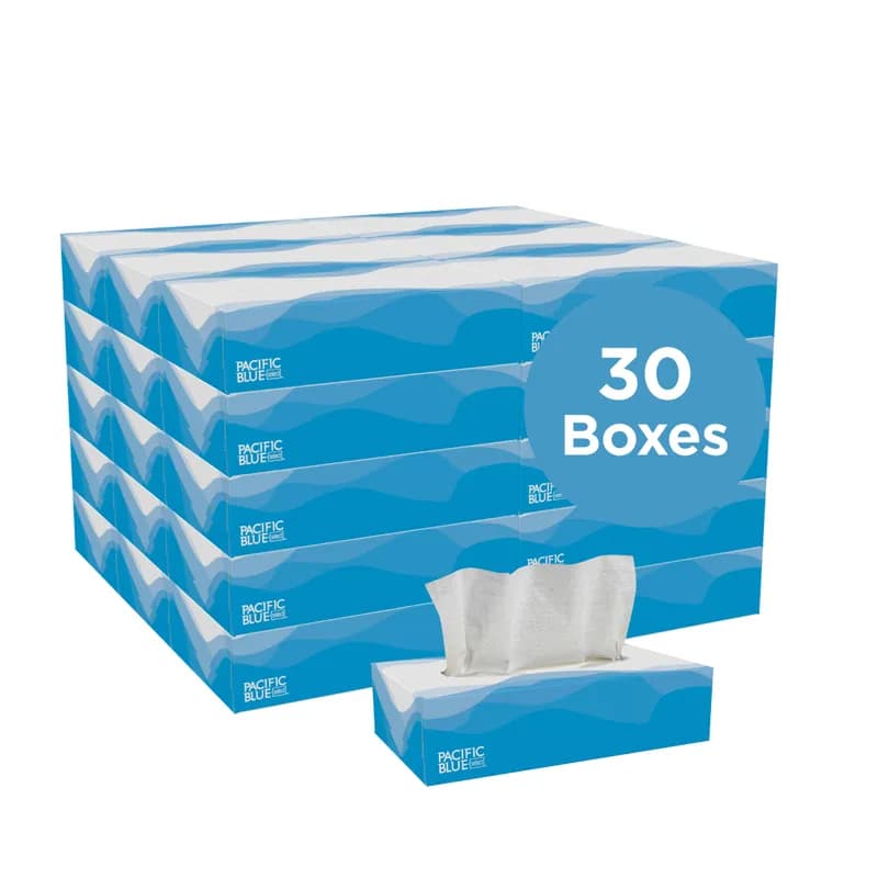 Pacific Blue Select Facial Tissue 8.4X7.5 IN 2PLY Tissue Paper White 1/2 Fold Flat Box 100 Sheets/Pack 30 Packs/Case