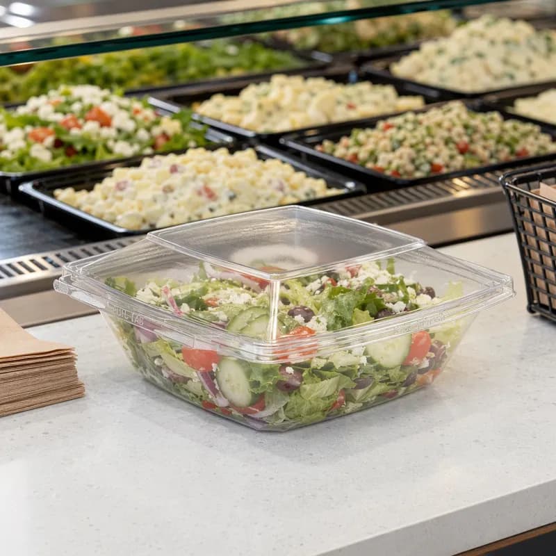 Safe-T-Fresh® Deli Container Hinged With Dome Lid 64 OZ RPET Clear Square 80/Case