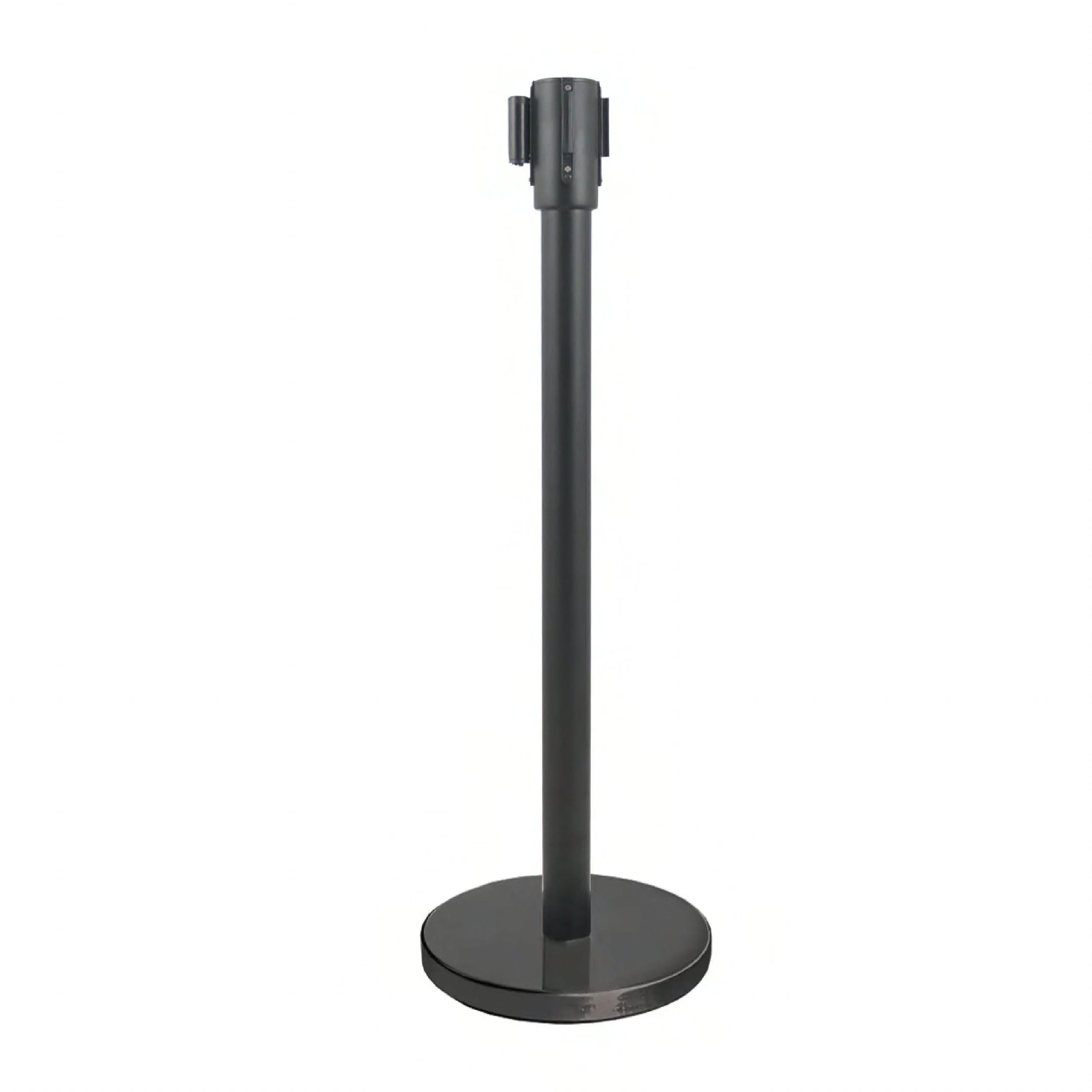 Retractable Belt Stanchion 36 IN Black Cast Iron Includes Post & Base 6.5 FT Retractable Belt 1/Each