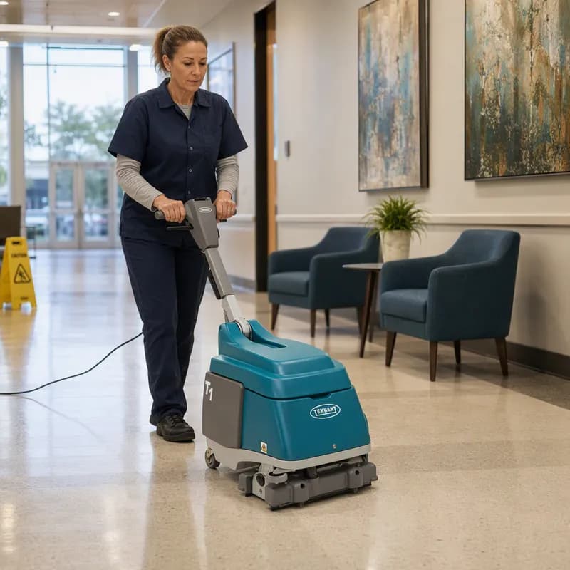 Tennant T1 Commercial Use Floor Scrubber 15IN Teal With 15IN Head 50FT Cord Electric Cylindrical 1/Each