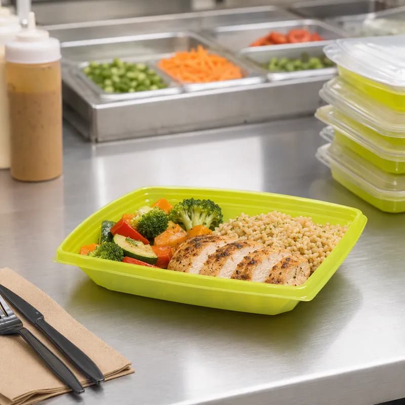 The BOTTLEBOX ® Take-Out Container Base 9X7.2X1.7 IN RPET Green Rectangle 500/Case