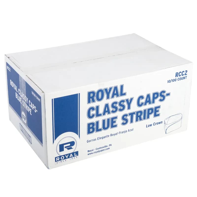 Classy Cap Adult 11.25X4X3.5 IN White Blue Paper With Stripe Adjustable 100 Count/Pack 10 Packs/Case