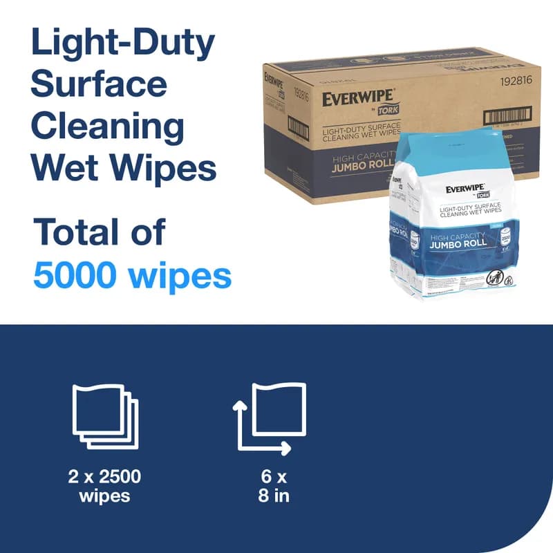Tork W12 Wipe 6X8 IN 1250 FT Light Duty White Refill Jumbo Roll Wet Surface Cleaning Large 2500 Count/Pack 2 Packs/Case