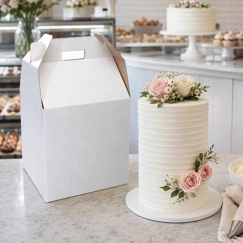 Cake Box 12.5X12.25X20 IN Paperboard White Kraft Square With Handle 6/Pack