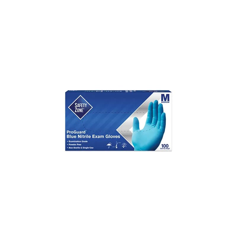 Safety Zone® Gloves Medium (MED) Blue 3MIL Nitrile Disposable Powder-Free 100 Count/Pack 10 Packs/Case 1000 Count/Case