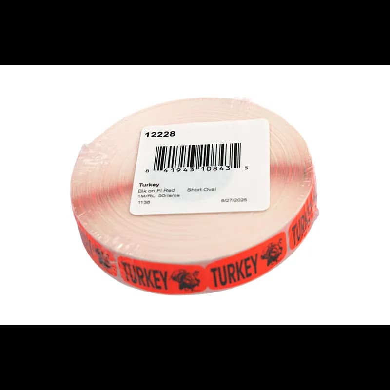 Turkey Label Black Fluorescent Red Short Oval Dayglo 1000 Count/Roll 50 Rolls/Case 50000 Count/Case