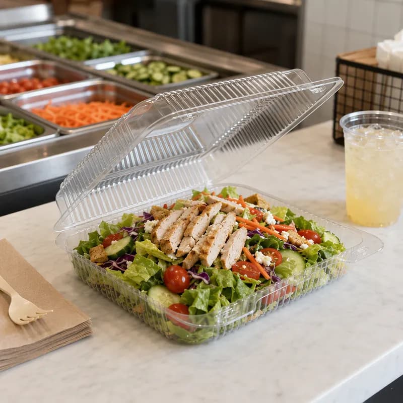 Essentials Take-Out Container Hinged With Dome Lid 10.625X8.3125X2.625 IN RPET Clear Rectangle Bar Lock 300/Case