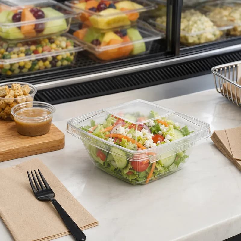 Safe-T-Fresh® Deli Container Hinged With Dome Lid 16 OZ RPET Clear Square 164/Case