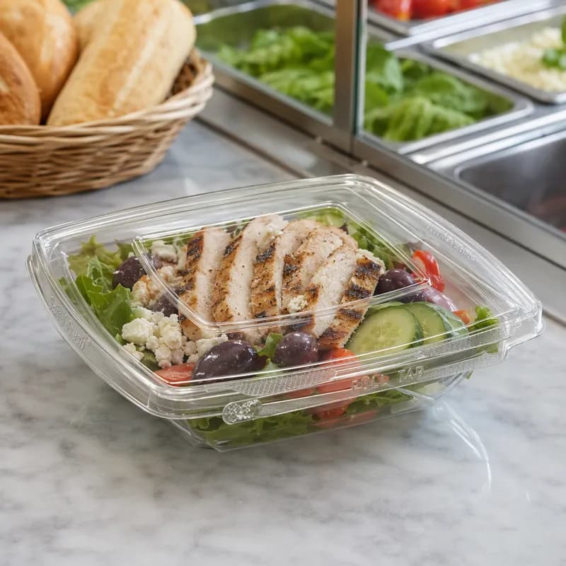 Safe-T-Fresh® Deli Container Hinged With Flat Lid 24 OZ RPET Clear Square 174/Case