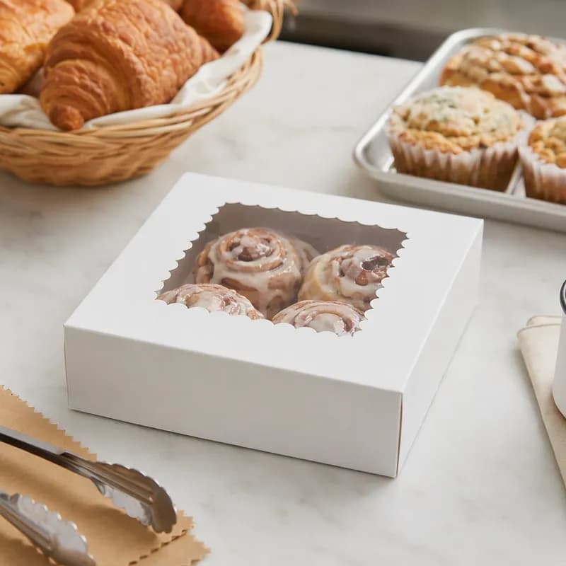 Bakery Box 8X8X2.5 IN Paperboard White 4 Corner 1-Piece Automatic With Window 250/Bundle