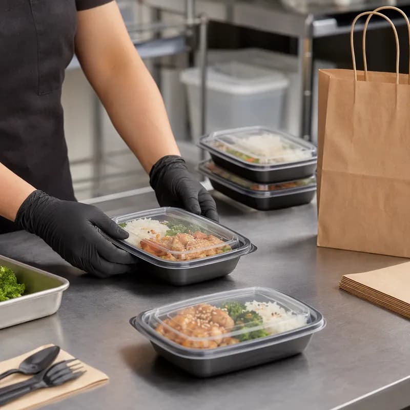 Take-Out Container Base 6.62X5.75X1.76 IN PP Black Clear Rectangle Microwave Safe Anti-Fog Leak Resistant 756/Case