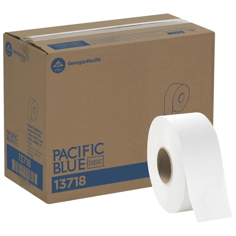Pacific Blue Basic Toilet Paper & Tissue Roll 3.3IN X2000FT 1PLY White Jumbo Jr (JRT) High Capacity 8 Rolls/Case