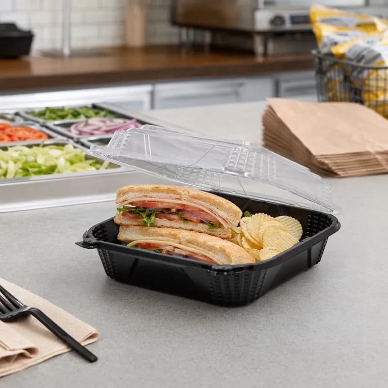 Sandwich Take-Out Container Hinged With Dome Lid Medium (MED) 8X8X3 IN PP Black Clear Square 150/Case