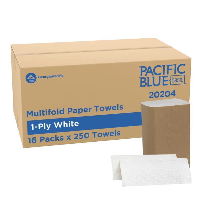 Pacific Blue Basic Folded Paper Towel 9.4X9.2 IN 1PLY White 1/2 Fold 250 Count/Pack 16 Packs/Case 4000 Count/Case