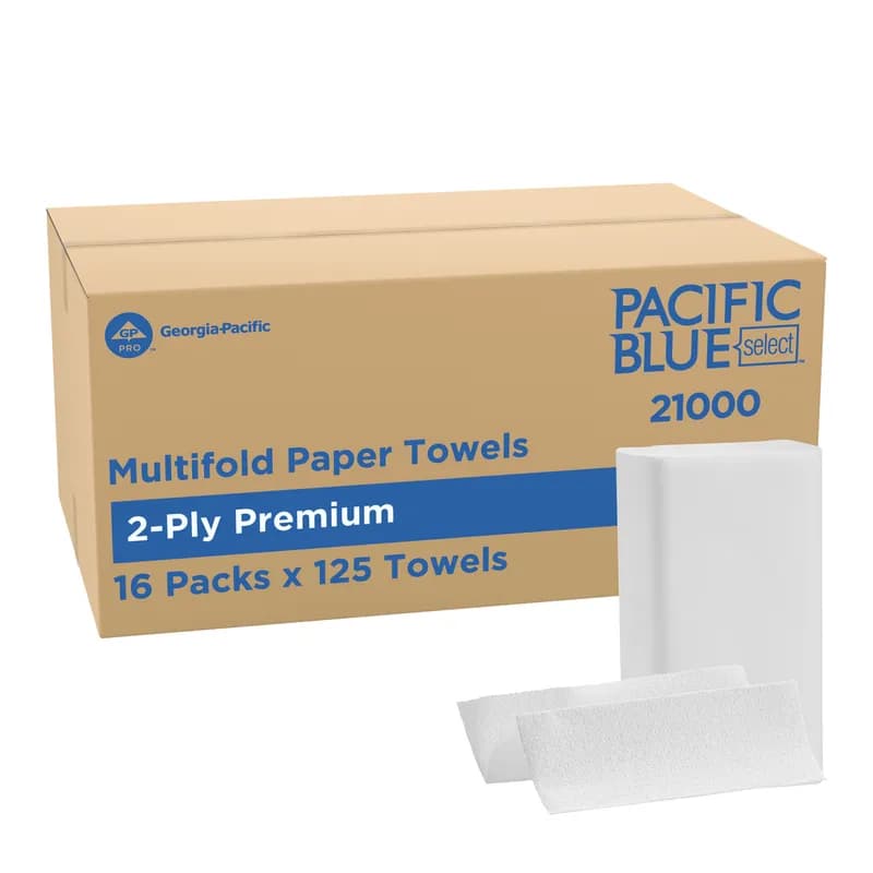 Pacific Blue Select Folded Paper Towel 9.2X9.4 IN 2PLY White 1/2 Fold 125 Sheets/Pack 16 Packs/Case 2000 Sheets/Case