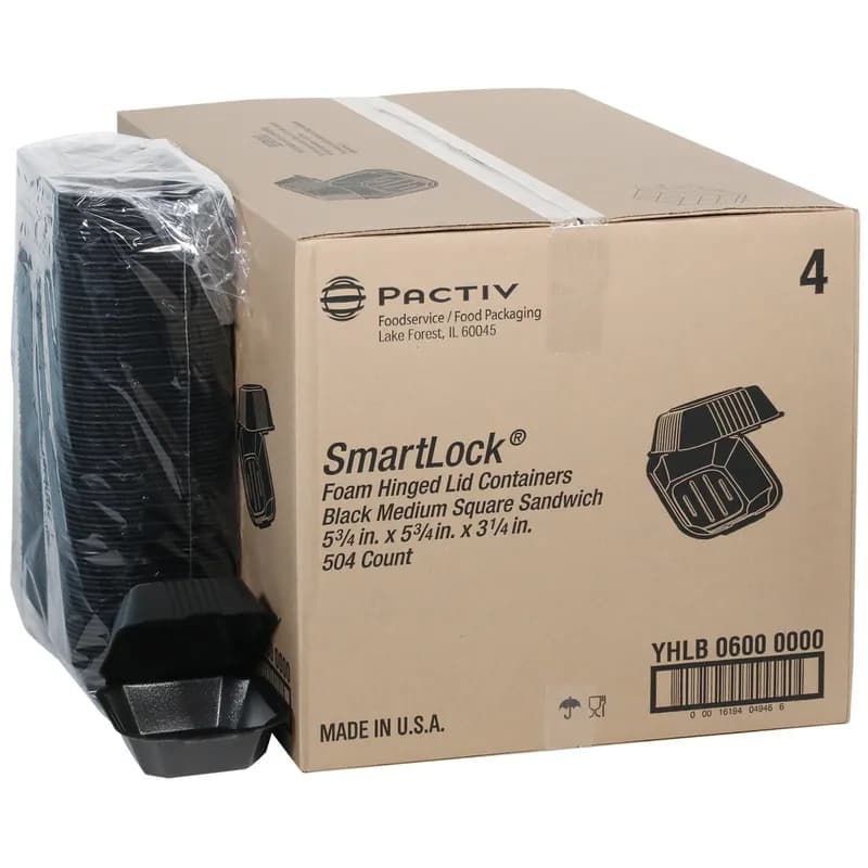Sandwich Take-Out Container Hinged With Dome Lid 5.8X5.8X3.3 IN Polystyrene Foam Black Square Closing Tabs 504/Case