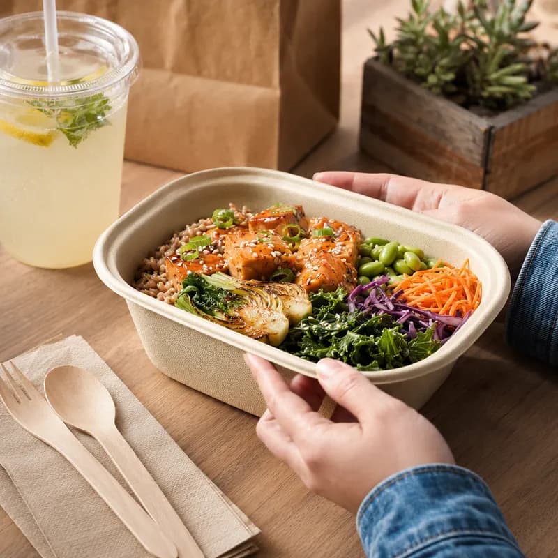 Take-Out Container Base Large (LG) 8.7X6.7X3.1 IN PLA Pulp Fiber Kraft Rectangle 400/Case