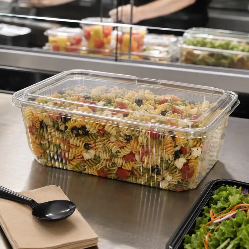 Safe-T-Fresh® Deli Container Hinged With Flat Lid 128 OZ RPET Clear Rectangle 60/Case