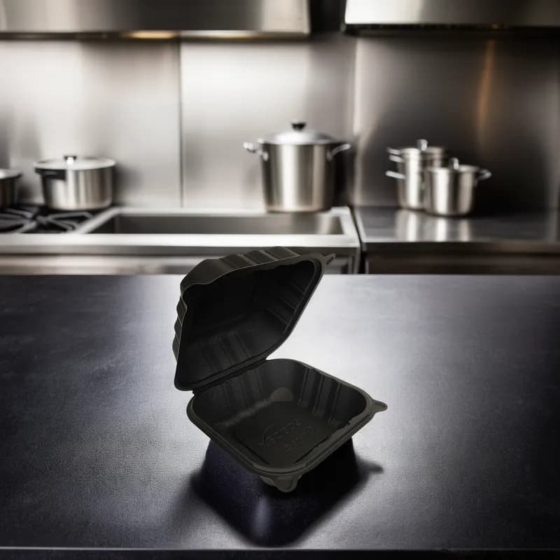 Pebble Box Take-Out Container Hinged With Dome Lid 6X6X3.25 IN PP Black Square Microwave Safe Grease Resistant 480/Case
