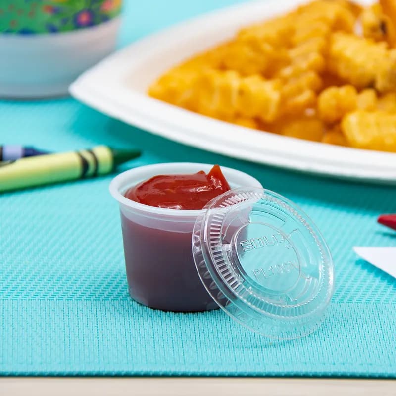 Solo® Lid Flat 1.857X0.246 IN 1 Compartment PET Clear Round For 1 OZ Souffle & Portion Cup 125 Count/Pack 20 Packs/Case