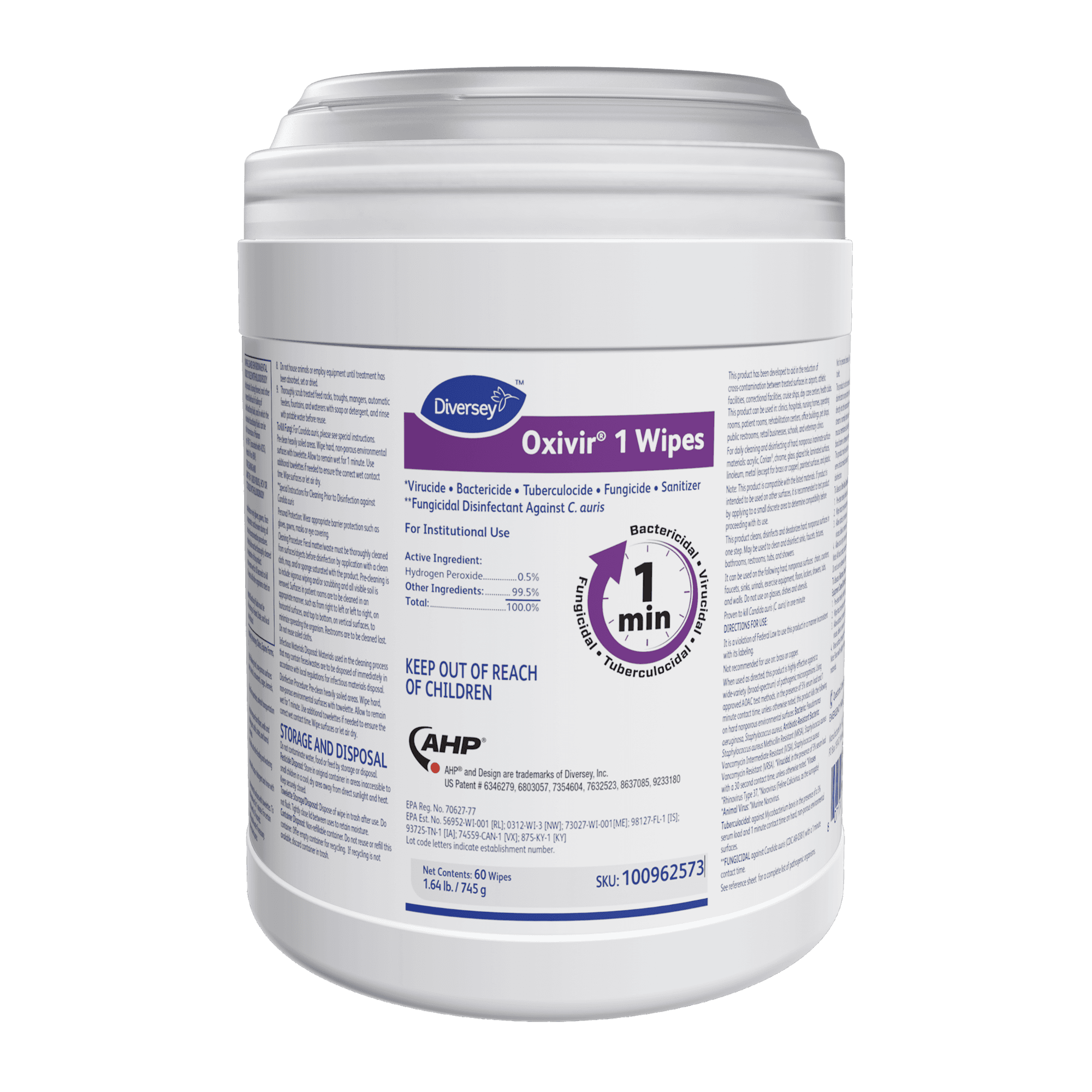Oxivir® 1 One-Step Disinfectant Multi Surface Wipe Accelerated Hydrogen Peroxide (AHP®) 60 Count/Pack 12 Packs/Case