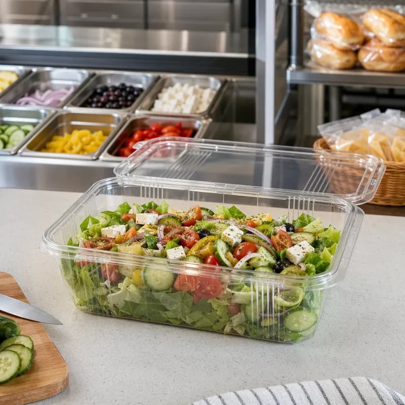 Safe-T-Fresh® Deli Container Hinged With Flat Lid Large (LG) 112 OZ RPET Clear Rectangle 60/Case