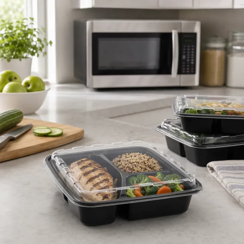 Take-Out Container Base & Lid Combo 9X9X2 IN 3 Compartment Plastic Black Clear Square 100/Case