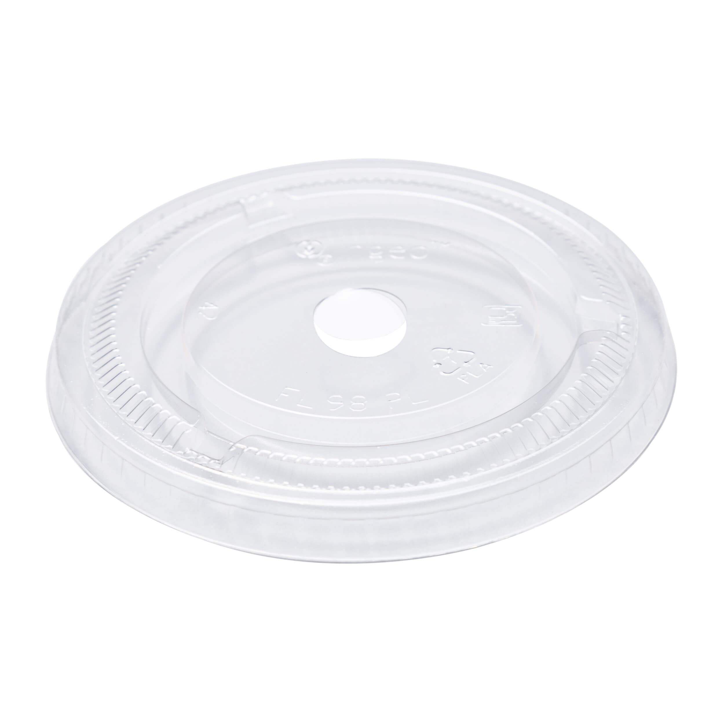 PrimeWare® Lid Flat 3.86 IN CPLA Clear For 20 OZ Cold Cup With Hole 100 Count/Pack 10 Packs/Case 1000 Count/Case