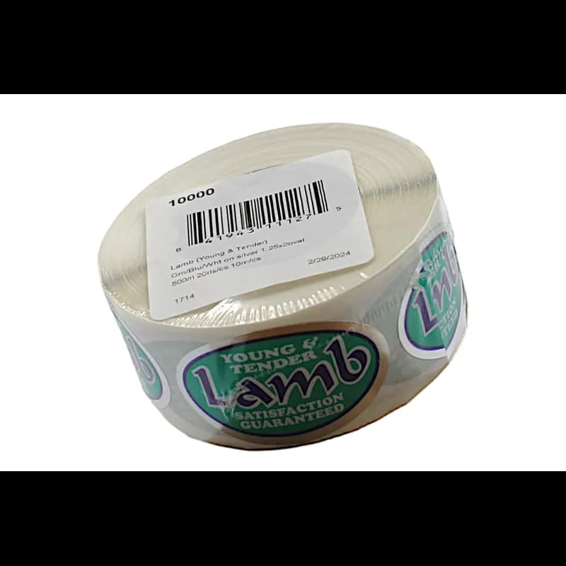 Young & Tender Lamb Meat Label 1.25X2 IN Silver Green Blue White Oval Foil 500 Count/Roll 20 Rolls/Case 10000 Count/Case