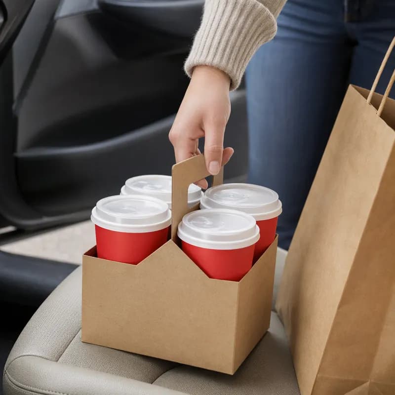 Cup Carrier 6.93X6.93X9.25 IN 4 Compartment Kraft For 12-20 OZ With Handle Reusable 200/Case