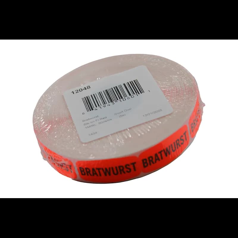 Bratwurst Label Black Fluorescent Red Short Oval Dayglo 1000 Count/Roll 50 Rolls/Case 50000 Count/Case