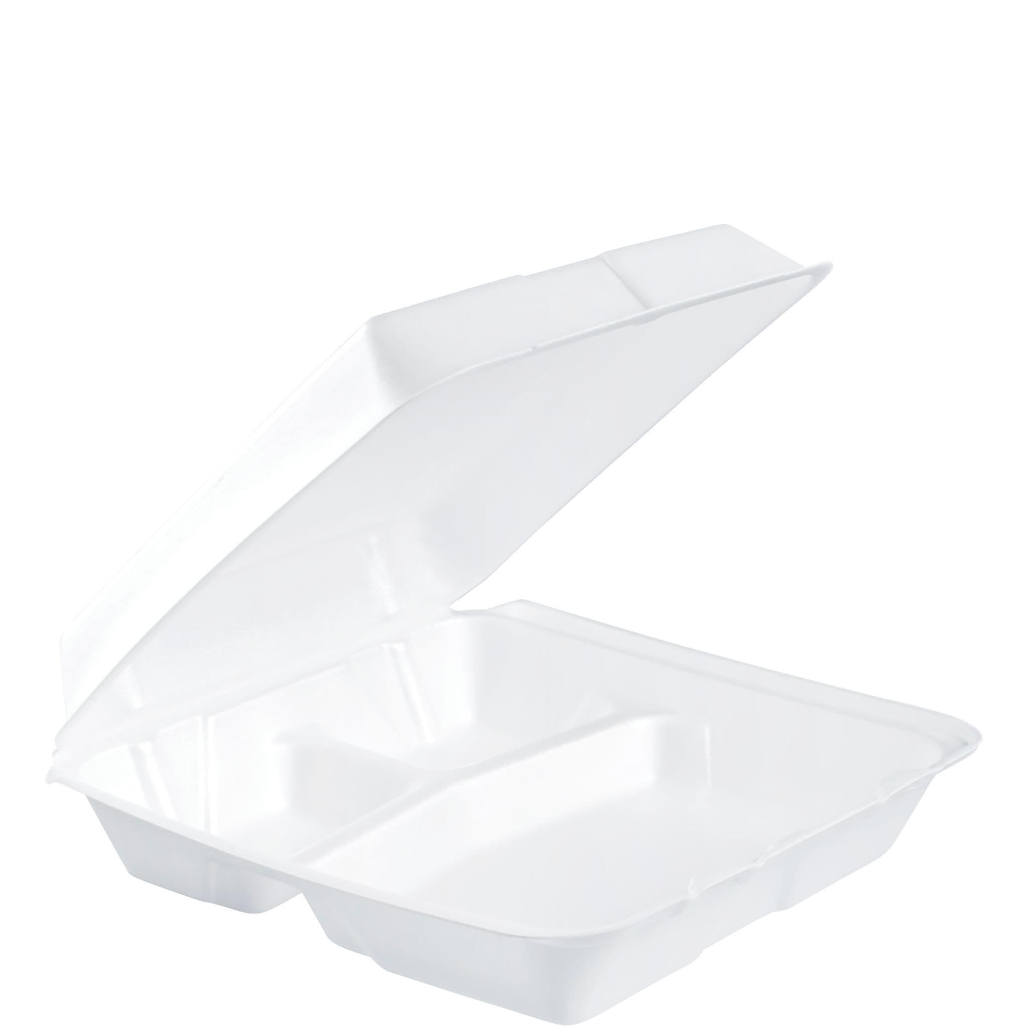 Dart® Take-Out Container Hinged Large (LG) 9.5X9.19X3 IN 3 Compartment XPS White Insulated 100 Count/Pack 2 Packs/Case